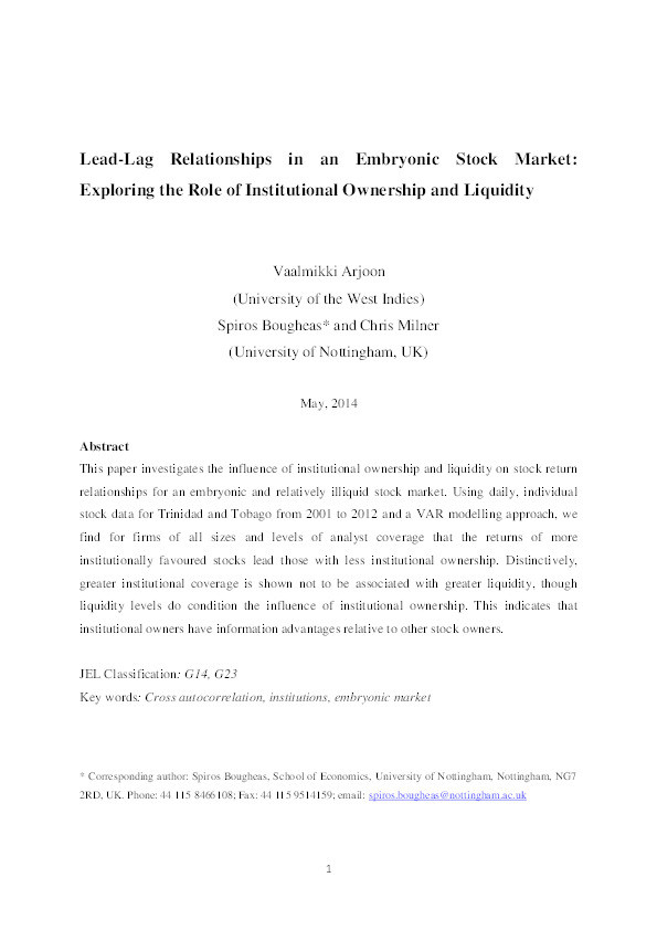 Lead-lag relationships in an embryonic stock market: exploring the role of institutional ownership and liquidity Thumbnail