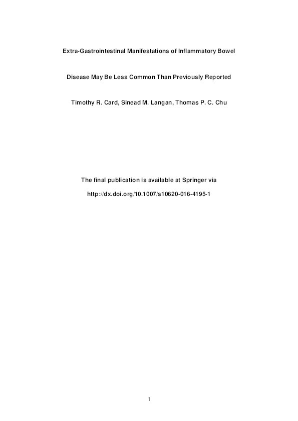 Extra-gastrointestinal manifestations of inflammatory bowel disease may be less common than previously reported Thumbnail