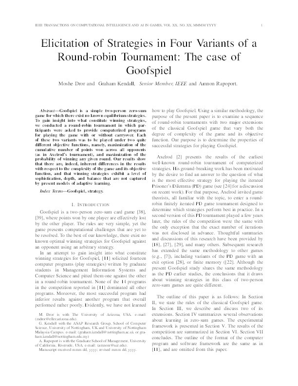 Elicitation of strategies in four variants of a round-robin tournament: the case of Goofspiel Thumbnail