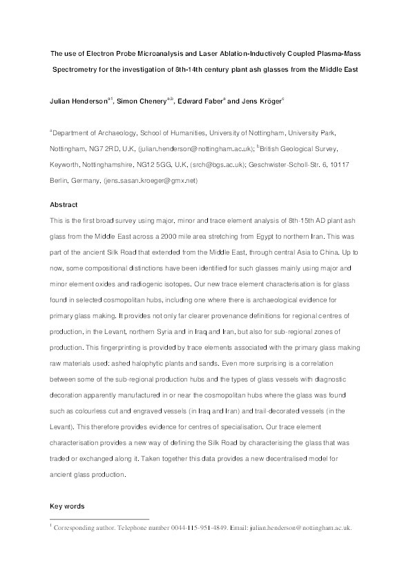 The use of electron probe microanalysis and laser ablation-inductively coupled plasma-mass spectrometry for the investigation of 8th–14th century plant ash glasses from the Middle East Thumbnail