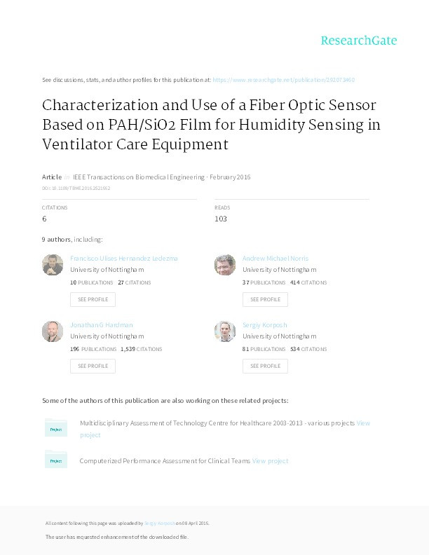 Characterization and use of a fiber optic sensor based on PAH/SiO2 film for humidity sensing in ventilator care equipment Thumbnail