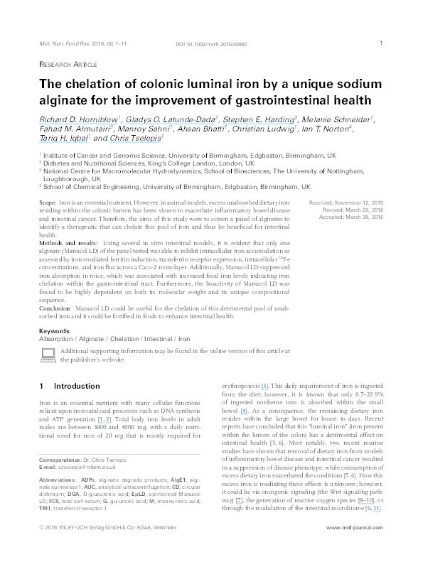 The chelation of colonic luminal iron by a unique sodium alginate for the improvement of gastrointestinal health Thumbnail
