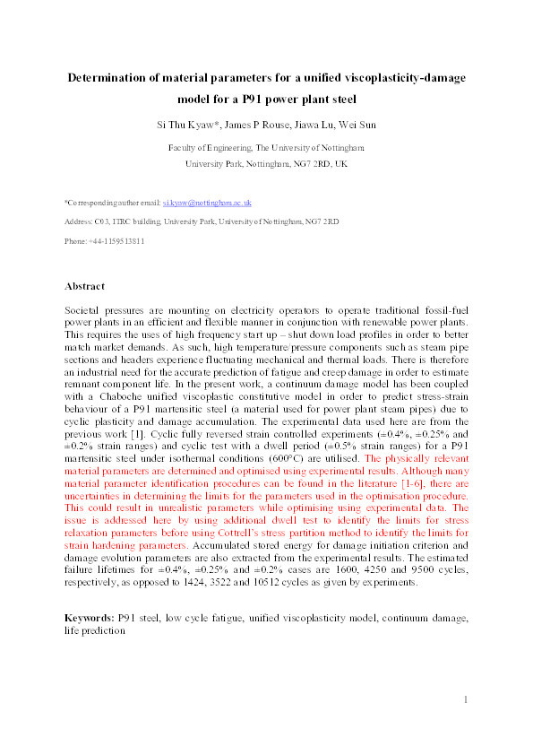 Determination of material parameters for a unified viscoplasticity-damage model for a P91 power plant steel Thumbnail