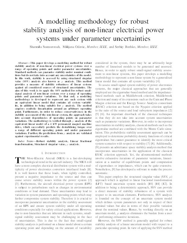 A modeling methodology for robust stability analysis of nonlinear electrical power systems under parameter uncertainties Thumbnail