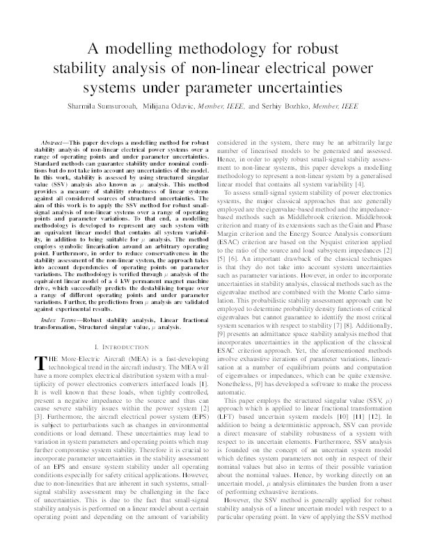 A modeling methodology for robust stability analysis of nonlinear electrical power systems under parameter uncertainties Thumbnail