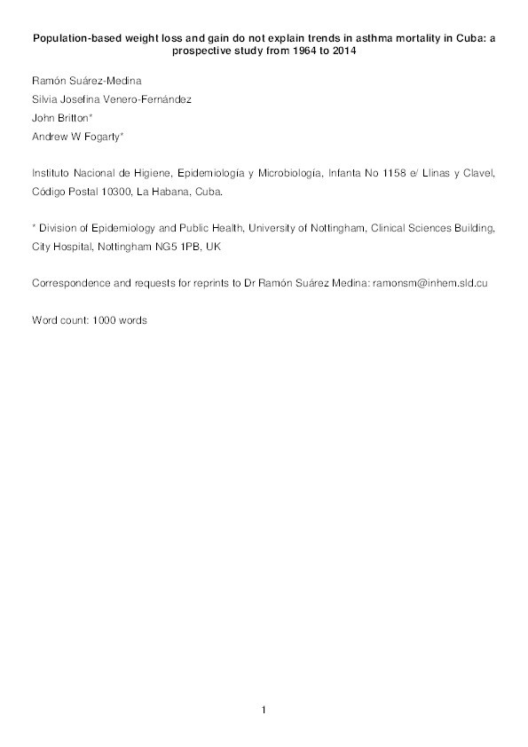 Population-based weight loss and gain do not explain trends in asthma mortality in Cuba: a prospective study from 1964 to 2014 Thumbnail