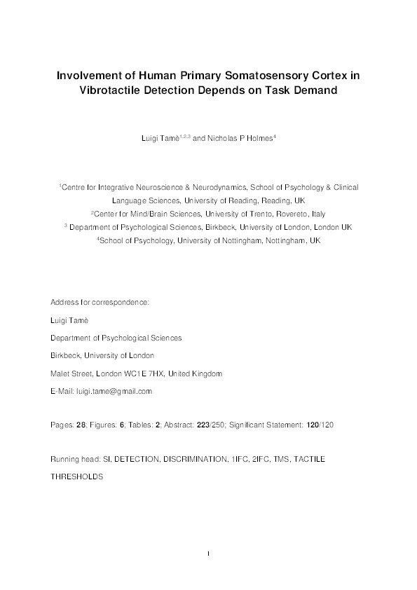 Involvement of human primary somatosensory cortex in vibrotactile detection depends on task demand Thumbnail