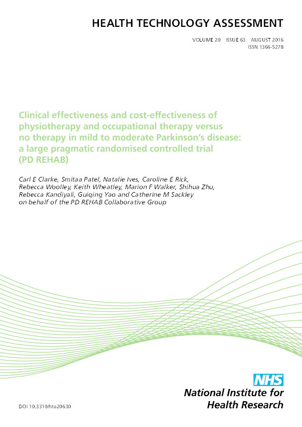 Clinical effectiveness and cost-effectiveness of physiotherapy and occupational therapy versus no therapy in mild to moderate Parkinson’s disease: a large pragmatic randomised controlled trial (PD REHAB) Thumbnail