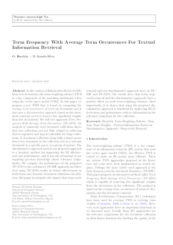 Term frequency with average term occurrences for textual information retrieval Thumbnail