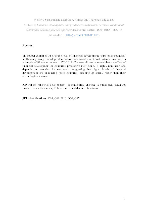 Financial development and productive inefficiency: a robust conditional directional distance function approach Thumbnail