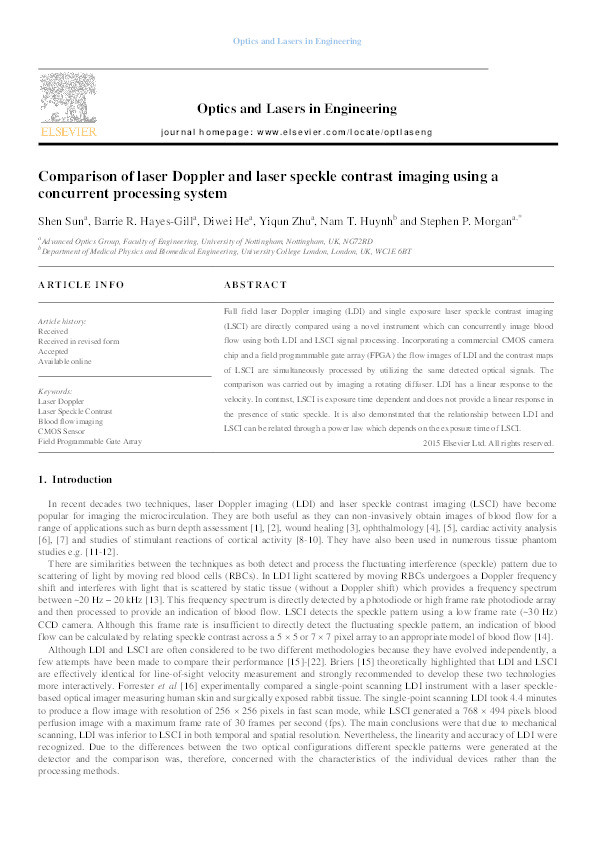 Comparison of laser Doppler and laser speckle contrast imaging using a concurrent processing system Thumbnail