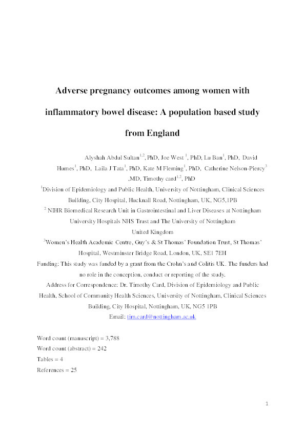 Adverse pregnancy outcomes among women with inflammatory bowel disease: a population based study from England Thumbnail