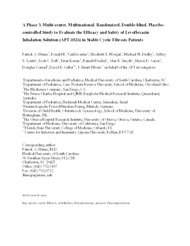 A phase 3, multi-center, multinational, randomized, double-blind, placebo-controlled study to evaluate the efficacy and safety of levofloxacin inhalation solution (APT-1026) in stable cystic fibrosis patients Thumbnail