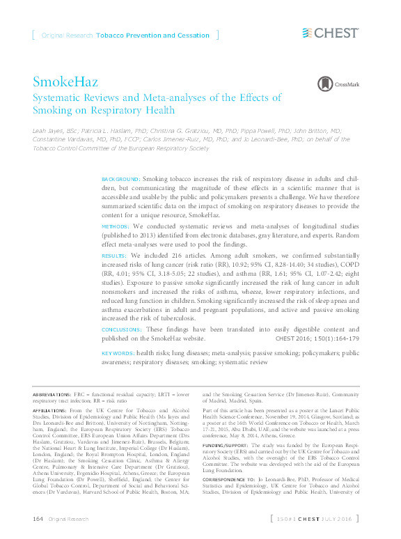 SmokeHaz: systematic reviews and meta-analyses of the effects of smoking on respiratory health Thumbnail