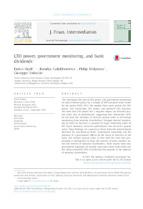 CEO power, government monitoring, and bank dividends Thumbnail