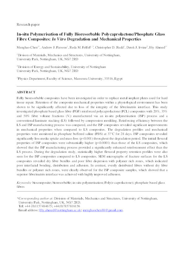 In-situ polymerisation of fully bioresorbable polycaprolactone/phosphate glass fibre composites: in vitro degradation and mechanical properties Thumbnail