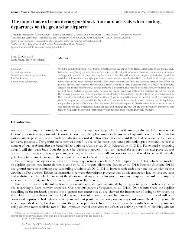 The importance of considering pushback time and arrivals when routing departures on the ground at airports Thumbnail