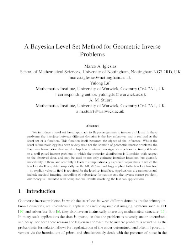 A Bayesian level set method for geometric inverse problems Thumbnail