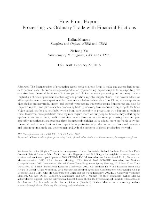 How firms export: processing vs. ordinary trade with financial frictions Thumbnail