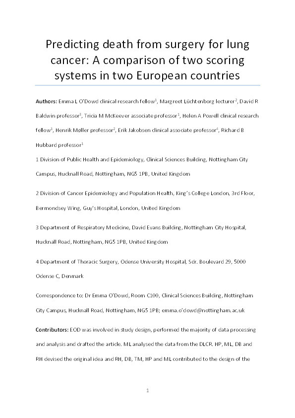 Predicting death from surgery for lung cancer: a comparison of two scoring systems in two European countries Thumbnail