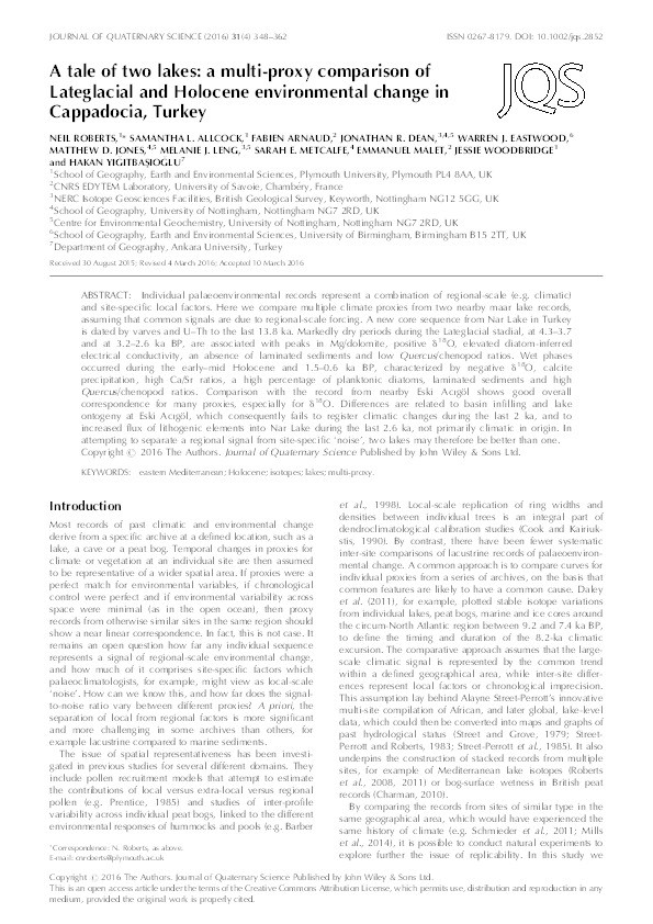 A tale of two lakes: a multi-proxy comparison of Lateglacial and Holocene environmental change in Cappadocia, Turkey Thumbnail