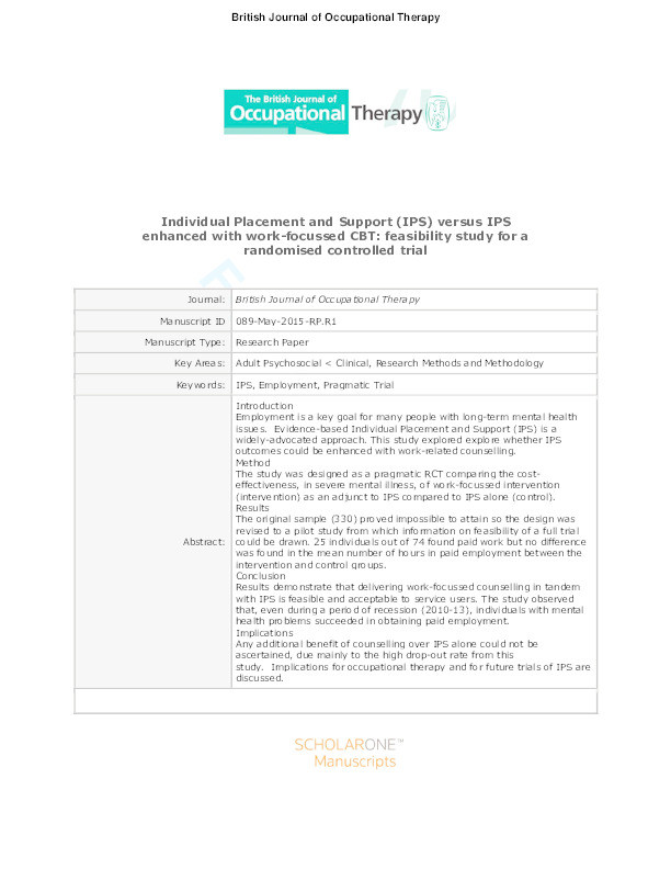 Individual placement and support versus individual placement and support enhanced with work-focused cognitive behaviour therapy: feasibility study for a randomised controlled trial Thumbnail