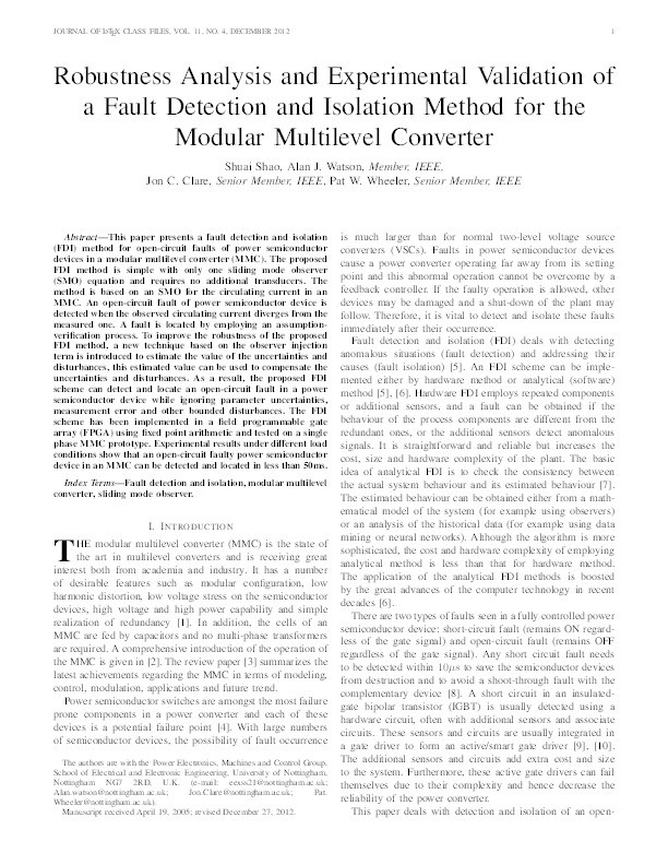 Robustness analysis and experimental validation of a fault detection and isolation method for the modular multilevel converter Thumbnail