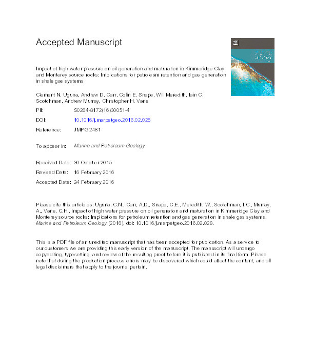 Impact of high water pressure on oil generation and maturation in Kimmeridge Clay and Monterey source rocks: implications for petroleum retention and gas generation in shale gas systems Thumbnail