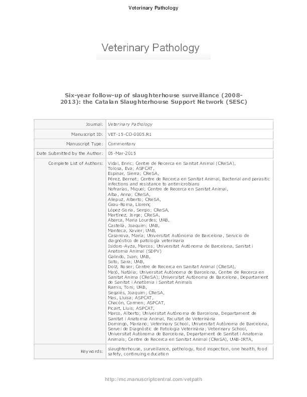 Six-year follow-up of slaughterhouse surveillance (2008-2013): the Catalan Slaughterhouse Support Network (SESC) Thumbnail