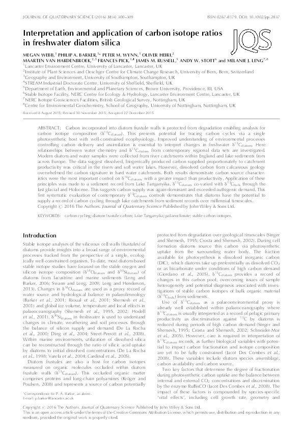 Interpretation and application of carbon isotope ratios in freshwater diatom silica Thumbnail