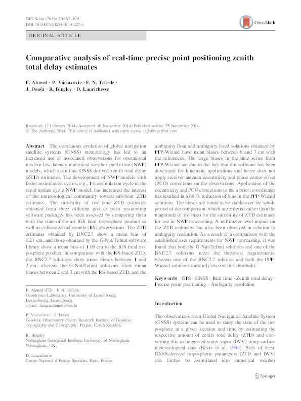 Comparative analysis of real-time precise point positioning zenith total delay estimates Thumbnail