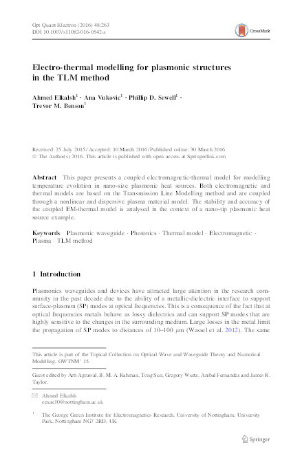 Electro-thermal modelling for plasmonic structures in the TLM Method Thumbnail