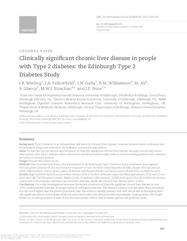 Clinically significant chronic liver disease in people with type 2 diabetes: the Edinburgh Type 2 Diabetes Study Thumbnail