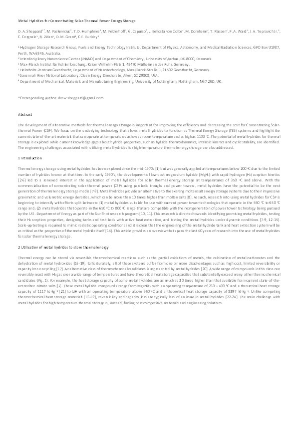 Metal hydrides for concentrating solar thermal power energy storage Thumbnail