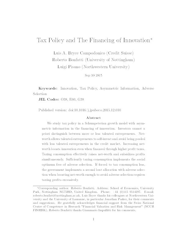 Tax policy and the financing of innovation Thumbnail