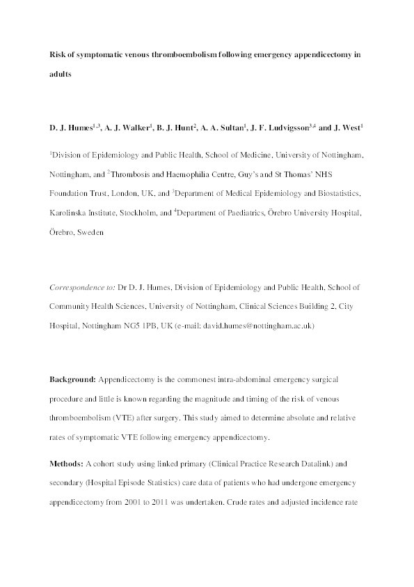 Risk of symptomatic venous thromboembolism following emergency appendicectomy in adults Thumbnail