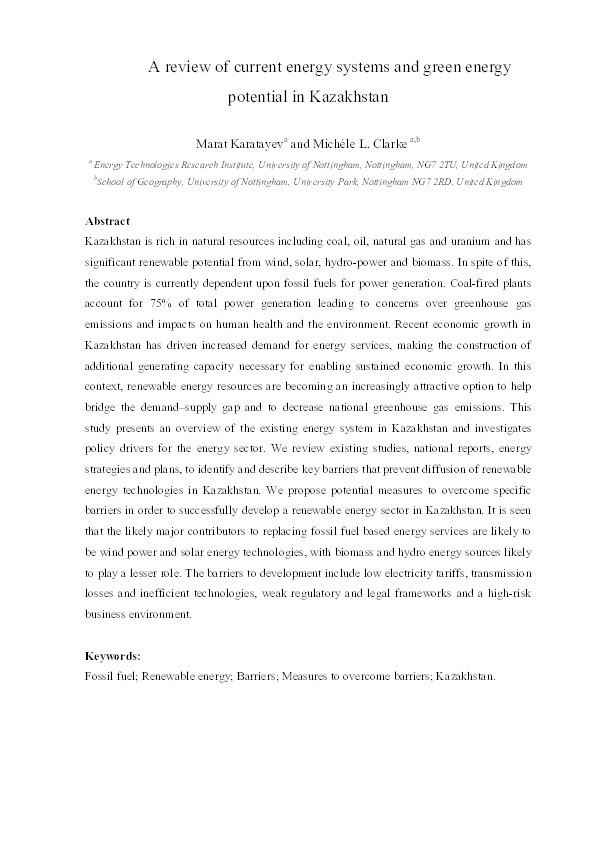 A review of current energy systems and green energy potential in Kazakhstan Thumbnail