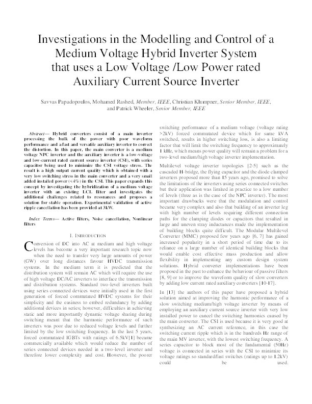 Investigations in the modelling and control of a medium voltage hybrid inverter system that uses a low voltage /low power rated auxiliary current source inverter Thumbnail