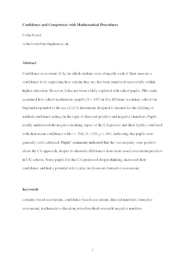 Confidence and competence with mathematical procedures Thumbnail