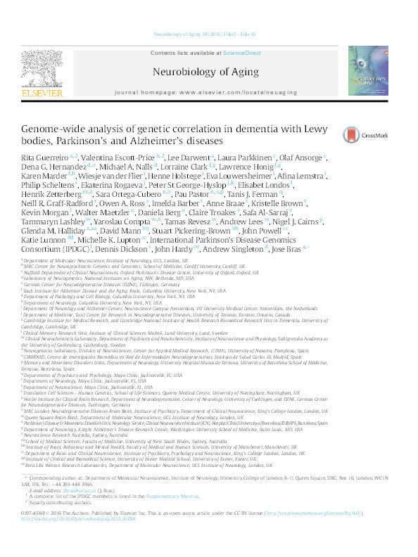 Genome-wide analysis of genetic correlation in dementia with Lewy bodies, Alzheimer’s and Parkinson’s diseases Thumbnail