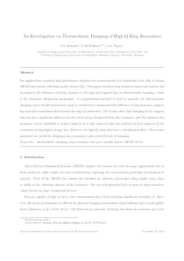 An investigation on thermoelastic damping of high-Q ring resonators Thumbnail