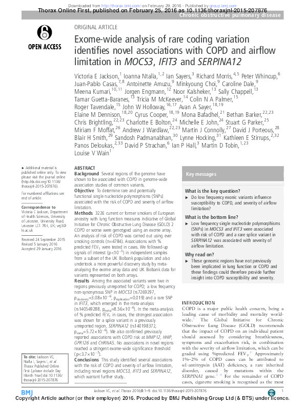 Exome-wide analysis of rare coding variation identifies novel associations with COPD and airflow limitation in MOCS3, IFIT3 and SERPINA12 Thumbnail