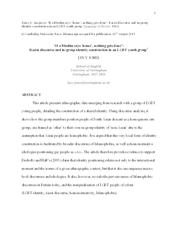 “If a Muslim says ‘homo’, nothing gets done”: racist discourse and in-group identity construction in an LGBT youth group Thumbnail