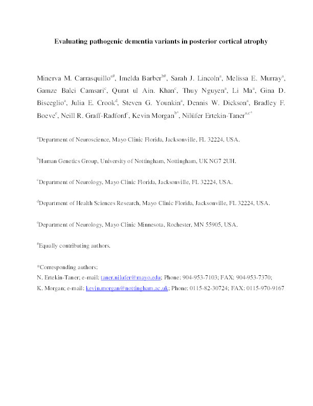 Evaluating the role of pathogenic dementia variants in posterior cortical atrophy Thumbnail