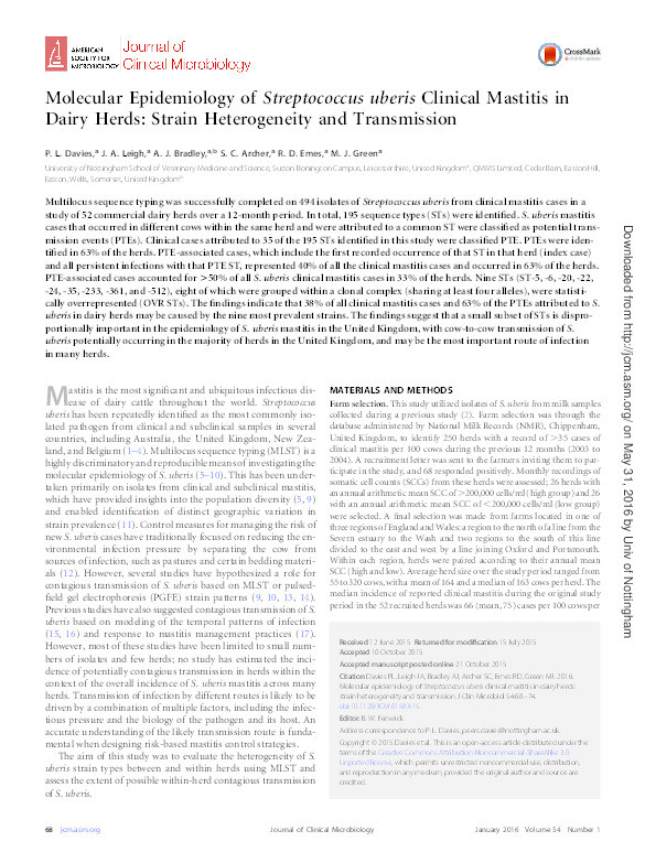 Molecular epidemiology of Streptococcus uberis clinical mastitis in dairy herds: strain heterogeneity and transmission Thumbnail