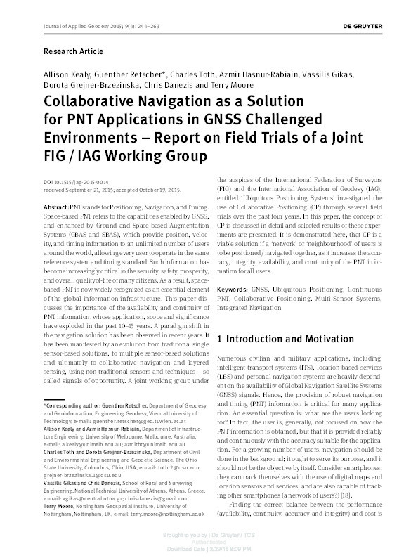 Collaborative navigation as a solution for PNT applications in GNSS challenged environments: report on field trials of a joint FIG / IAG working group Thumbnail