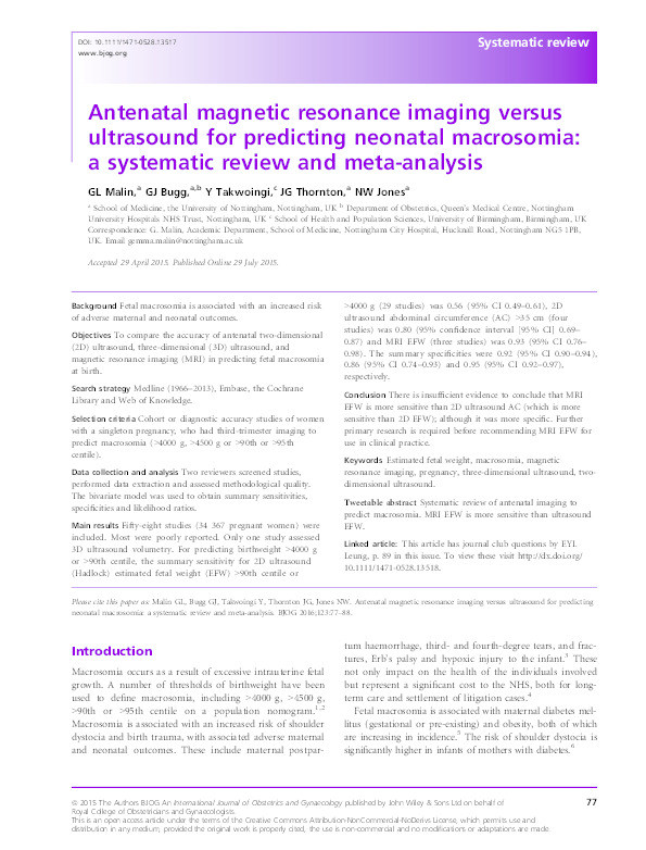 Antenatal magnetic resonance imaging versus ultrasound for predicting neonatal macrosomia: a systematic review and meta-analysis Thumbnail