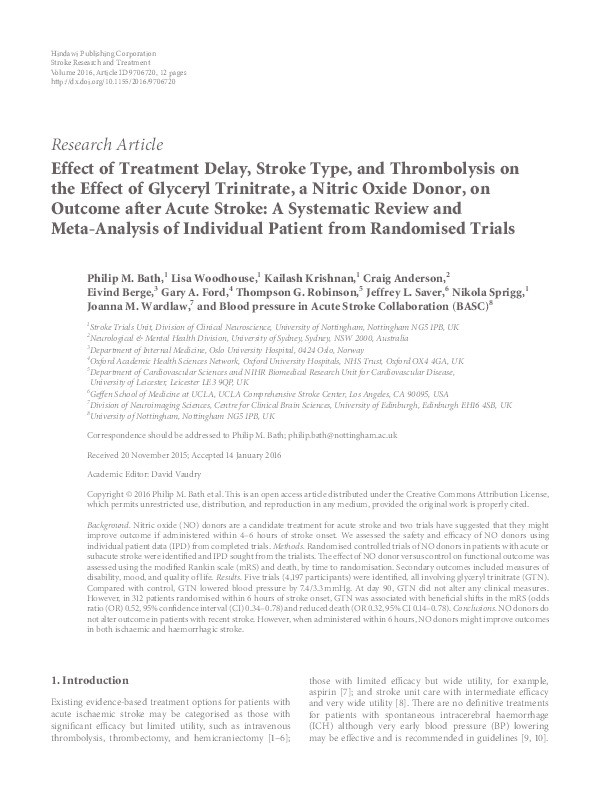 Effect of treatment delay, stroke type, and thrombolysis on the effect of glyceryl trinitrate, a nitric oxide donor, on outcome after acute stroke: a systematic review and meta-analysis of individual patient from randomised trials Thumbnail