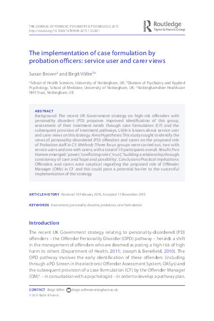 The implementation of case formulation by probation officers: service user and carer views Thumbnail