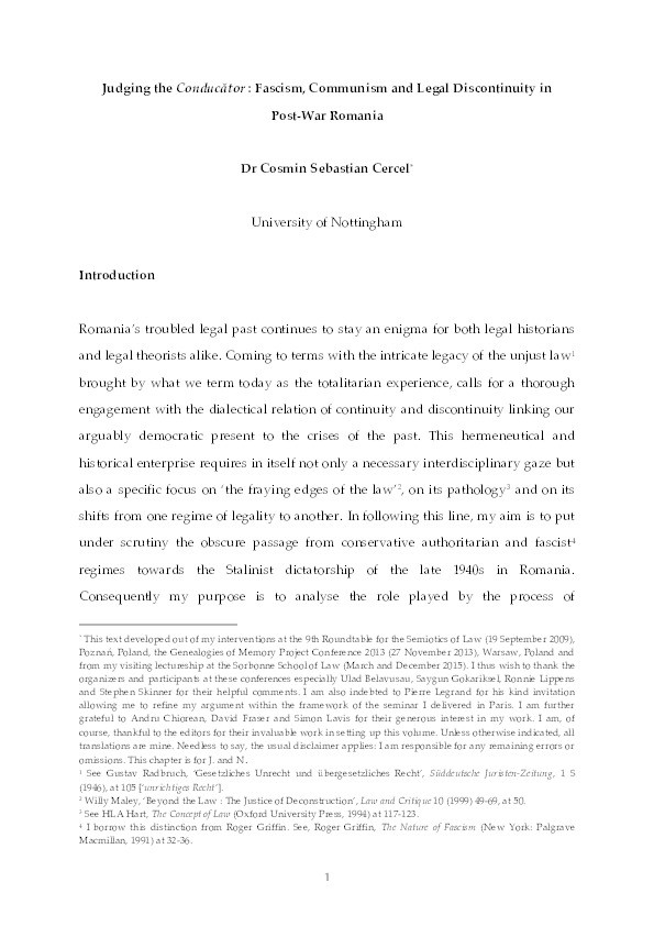 Judging the Conducător: fascism, communism and legal discontinuity in post-war Romania Thumbnail